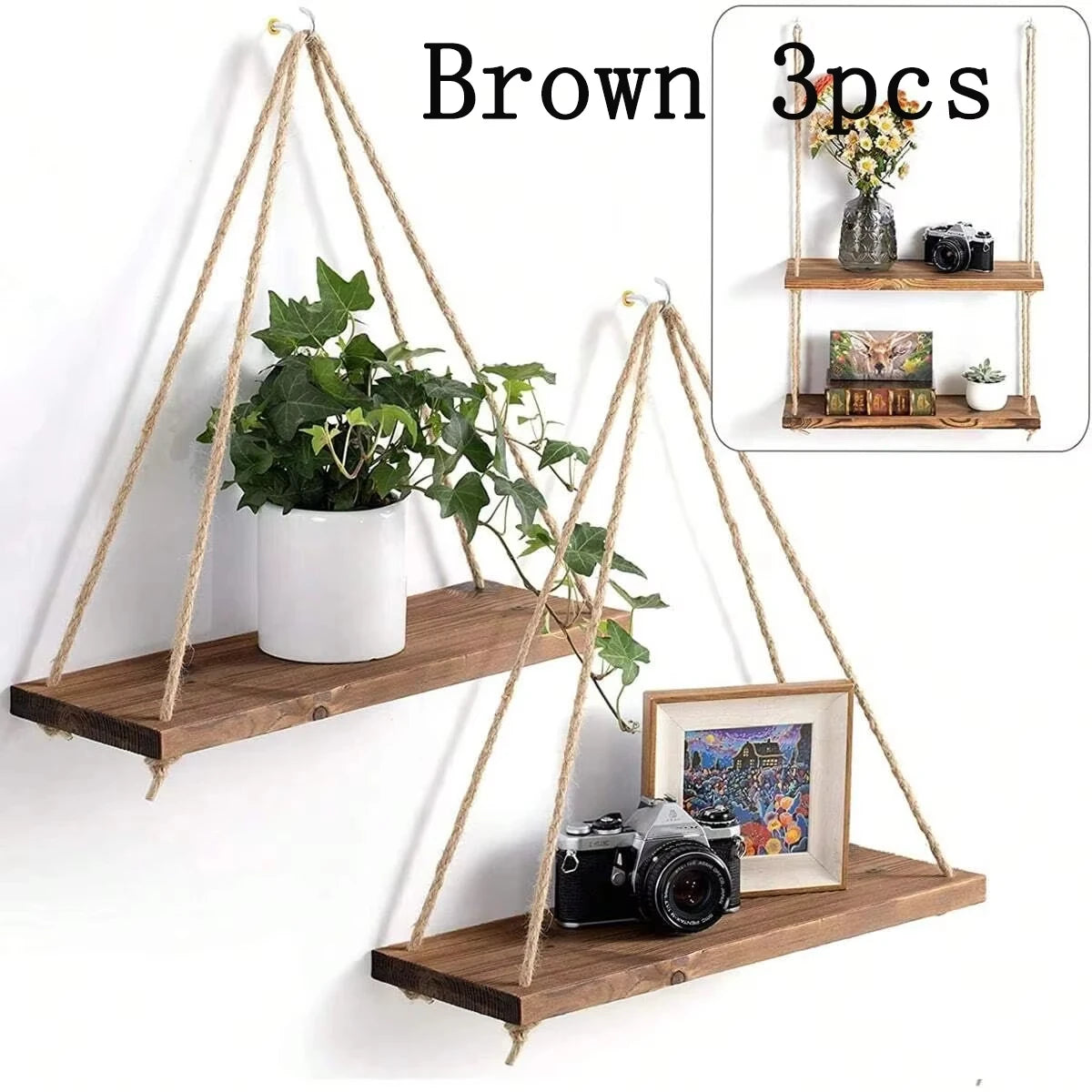 Wooden Swing Hanging Shelf with Hemp Rope