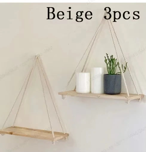 Wooden Swing Hanging Shelf with Hemp Rope