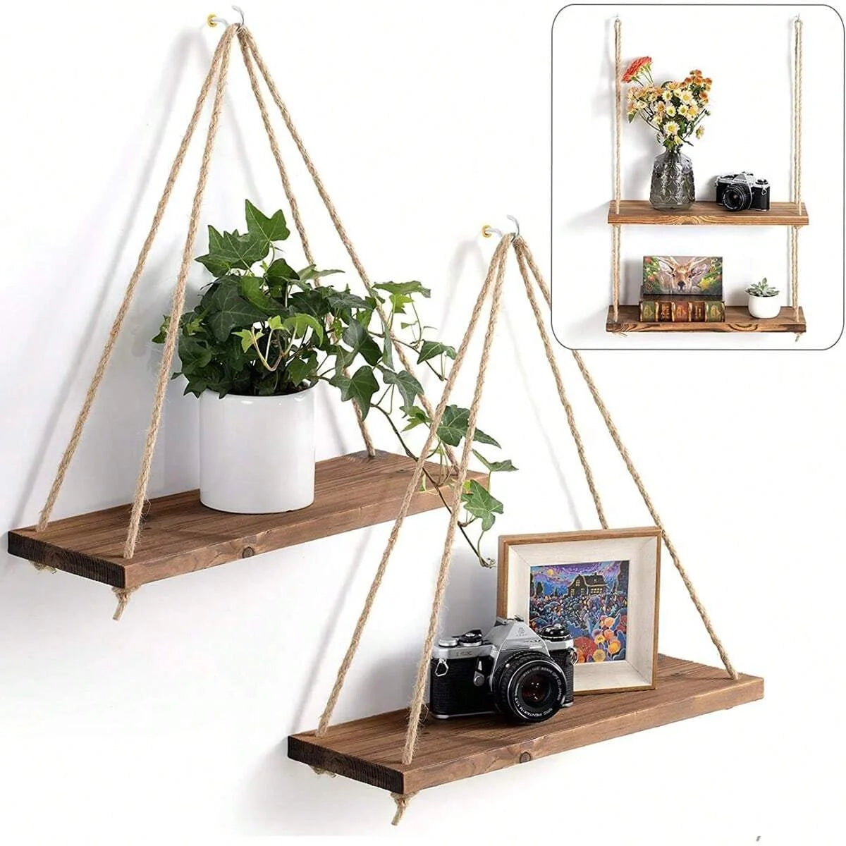 Wooden Swing Hanging Shelf with Hemp Rope