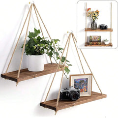Wooden Swing Hanging Shelf with Hemp Rope